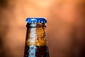 close-up of fresh cold beer ale single bottle with drops and stopper on warm background Royalty Free Stock Photo