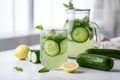 Close-up fresh cool water drink for detox with cucumber, mint and lemon.