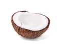 Close-up of fresh cracked coconut on a white background. Exotic tropical nut. Coconut cut in a half. Vegetarian diet.