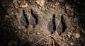 Close-up of fresh deer tracks imprinted in the forest floor among pine needles and leaves Royalty Free Stock Photo