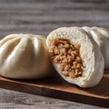 Close up of fresh delicious baozi, Chinese steamed meat bun