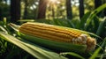Ripe Yellow Corn Cob in Lush Green Field, Sunlight Royalty Free Stock Photo