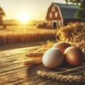 Close up of a fresh egg . Farm background at sunrise. ai generative