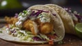 Close up of fresh fish tacos with coleslaw, avocado, salsa in a flour tortilla. generative AI