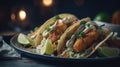 Close up of fresh fish tacos with coleslaw, avocado, salsa in a flour tortilla. generative AI