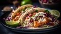 Close up of fresh fish tacos with coleslaw, avocado, salsa in a flour tortilla. generative AI