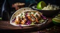 Close up of fresh fish tacos with coleslaw, avocado, salsa in a flour tortilla. generative AI