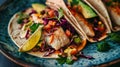 Close up of fresh fish tacos with coleslaw, avocado, salsa and lime creme in a flour tortilla on blue plate