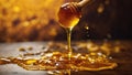 Close up of fresh golden honey slowly dripping from a wooden honey dipper Royalty Free Stock Photo