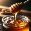 Close up of fresh golden honey slowly dripping from a wooden honey dipper