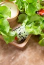 Close up of fresh handmade vegan rice paper spring rolls with raw vegetables on wooden plate with dipping sauce on grunge brown Royalty Free Stock Photo