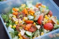 Close up of fresh and healthy salad made with fruits and vegetables in a container. Royalty Free Stock Photo