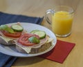 close up fresh home made rye bread sandwich with ham cheese sliced cucumbre tomatoes and basil leaves on white plate blue Royalty Free Stock Photo