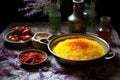 close-up of fresh ingredients for paella on board