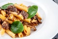 Close up Fresh Italian pasta penne with mushrooms, basil and veal. Concept of homemade food. Italian cuisine. Trafitional lunch Royalty Free Stock Photo