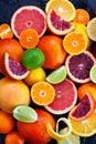 Close up of fresh juicy citrus fruits - oranges, mandarins, lemons and limes Royalty Free Stock Photo