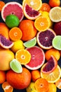 Fresh juicy citrus fruits - oranges, mandarins, lemons and limes, top view Royalty Free Stock Photo