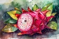 Close-up of fresh juicy dragon fruit, watercolor illustration