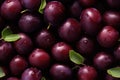 Close up of fresh juicy plums, top view, seamless pattern. Generative Ai