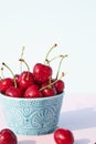 Close-up of fresh, juicy and ripe cherries in a turquoise ceramic bowl against a light background. Seasonal berries and fruits. Royalty Free Stock Photo