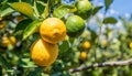 Close-up of fresh lemons and limes on branch. Ripe citrus fruits