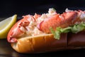 Close-up of a Fresh Lobster Roll with Creamy Mayo, Chunks of Lobster Meat, and a Squeeze of Lemon