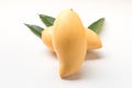 Close up of fresh Mangos with leaves on white background Royalty Free Stock Photo