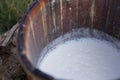 Close up of fresh milk in a wooden bucket.