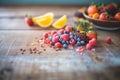 close-up of fresh mixed berries on a wooden table Royalty Free Stock Photo