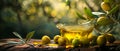 Close up fresh natural green olives, bowl with natural oil, olive leaves, bokeh, soft light Royalty Free Stock Photo