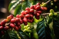 Close up fresh organic red raw and ripe coffee cherry beans on tree plantation Royalty Free Stock Photo