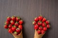 Close up of fresh organic strawberries waffle cones