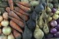 Close up of fresh organic vegetables, carrots, onions, turnips, potatoes and beetroots. Market in Ulan Bator, Mongolia