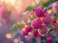 Close up of Fresh Pink Lychee Fruits on Tree with Water Droplets Sunlight Flare Royalty Free Stock Photo