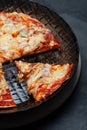 Close up of a fresh Pizza in an rustic iron Pan Royalty Free Stock Photo