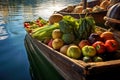 close-up of fresh produce on a boat, reflecting on water