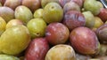 Close-up of a fresh prune. A pile of fresh prunes is displayed in the fruit section of the supermarket.