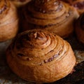 Close up fresh puff pastry rolls with ham and cheese on baking pan board. A tray with fresh bakery products bread puff pastry at a Royalty Free Stock Photo