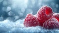 Frozen Raspberries on Ice Crystals: Close-up Macro Photography Royalty Free Stock Photo