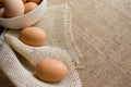 Close-up of fresh raw organic chicken eggs in white bowl on natural fabric background from local farmer market, selective focus Royalty Free Stock Photo