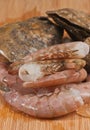 Close up of Fresh, raw oyster and pink shrimp Royalty Free Stock Photo