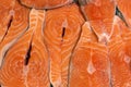 Close-up fresh raw salmon steaks background. Fish fillet at market counter. Healthy food Royalty Free Stock Photo