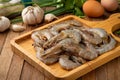 Close up Fresh raw shrimp Litopenaeus vannamei on wooden plate Royalty Free Stock Photo