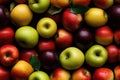 Close up of fresh red, green, yellow apples , top view, seamless pattern. Generative Ai Royalty Free Stock Photo