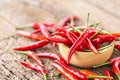 Fresh red hot chilli on wooden table background. Royalty Free Stock Photo