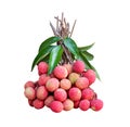 Fresh red ripe lychee or litchi chinensis tropical fruits with green leaf isolated on white background and clipping path Royalty Free Stock Photo