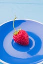 Close-up fresh red ripe strawberry on blue plate. Royalty Free Stock Photo