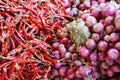 Close-up fresh red shallots and red chilli