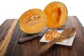 Close-up of a fresh ripe cantaloupe cut in half Royalty Free Stock Photo