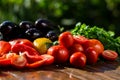 Close-up of fresh, ripe tomatoes, eggplant, sweet red pepper and Royalty Free Stock Photo